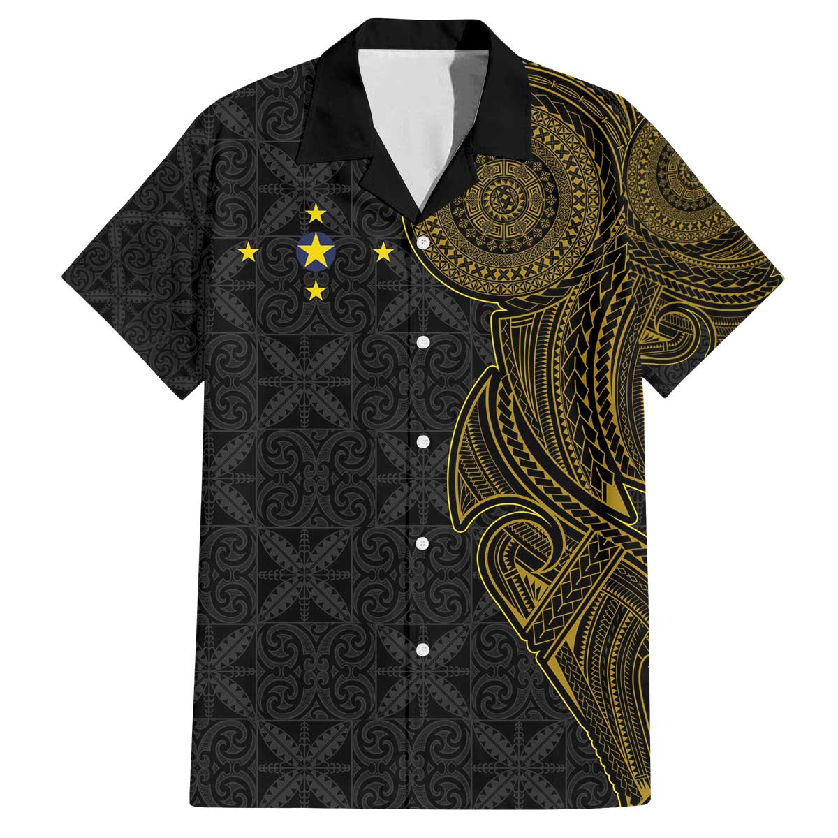 Niue Polynesian Hiapo Tattoo Art Family Matching Off The Shoulder Long Sleeve Dress and Hawaiian Shirt Half Style Black Gold Color LT03 Dad's Shirt - Short Sleeve Black - Polynesian Pride