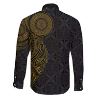 Niue Polynesian Hiapo Tattoo Art Family Matching Off The Shoulder Long Sleeve Dress and Hawaiian Shirt Half Style Black Gold Color LT03 - Polynesian Pride