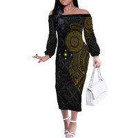 Niue Polynesian Hiapo Tattoo Art Family Matching Off The Shoulder Long Sleeve Dress and Hawaiian Shirt Half Style Black Gold Color LT03 Mom's Dress Black - Polynesian Pride