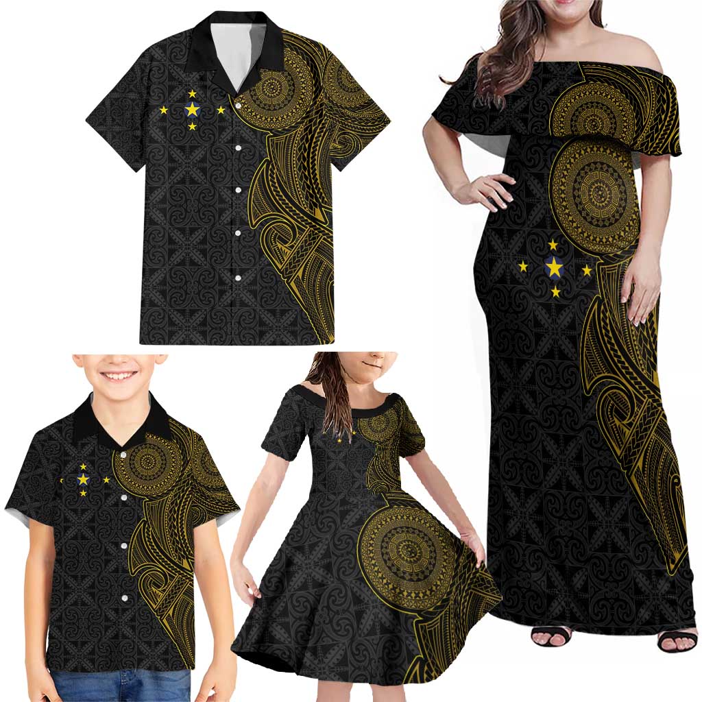 Niue Polynesian Hiapo Tattoo Art Family Matching Off Shoulder Maxi Dress and Hawaiian Shirt Half Style Black Gold Color LT03 - Polynesian Pride