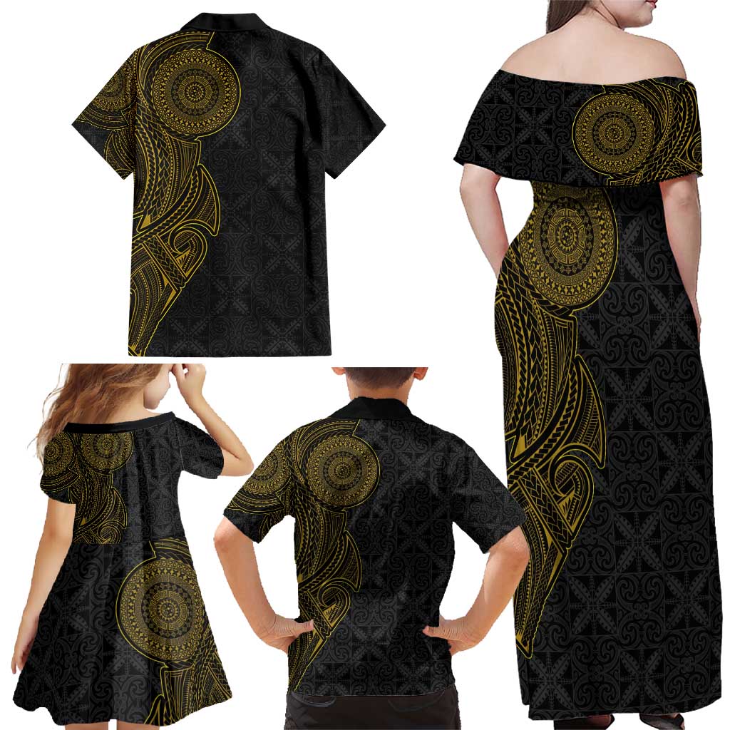 Niue Polynesian Hiapo Tattoo Art Family Matching Off Shoulder Maxi Dress and Hawaiian Shirt Half Style Black Gold Color LT03 - Polynesian Pride