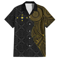 Niue Polynesian Hiapo Tattoo Art Family Matching Off Shoulder Maxi Dress and Hawaiian Shirt Half Style Black Gold Color LT03 Dad's Shirt - Short Sleeve Black - Polynesian Pride