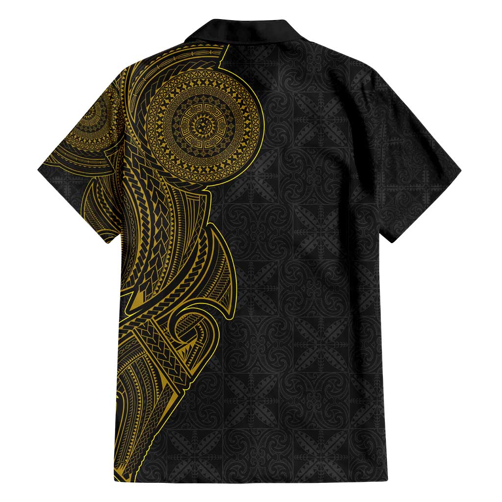 Niue Polynesian Hiapo Tattoo Art Family Matching Off Shoulder Maxi Dress and Hawaiian Shirt Half Style Black Gold Color LT03 - Polynesian Pride