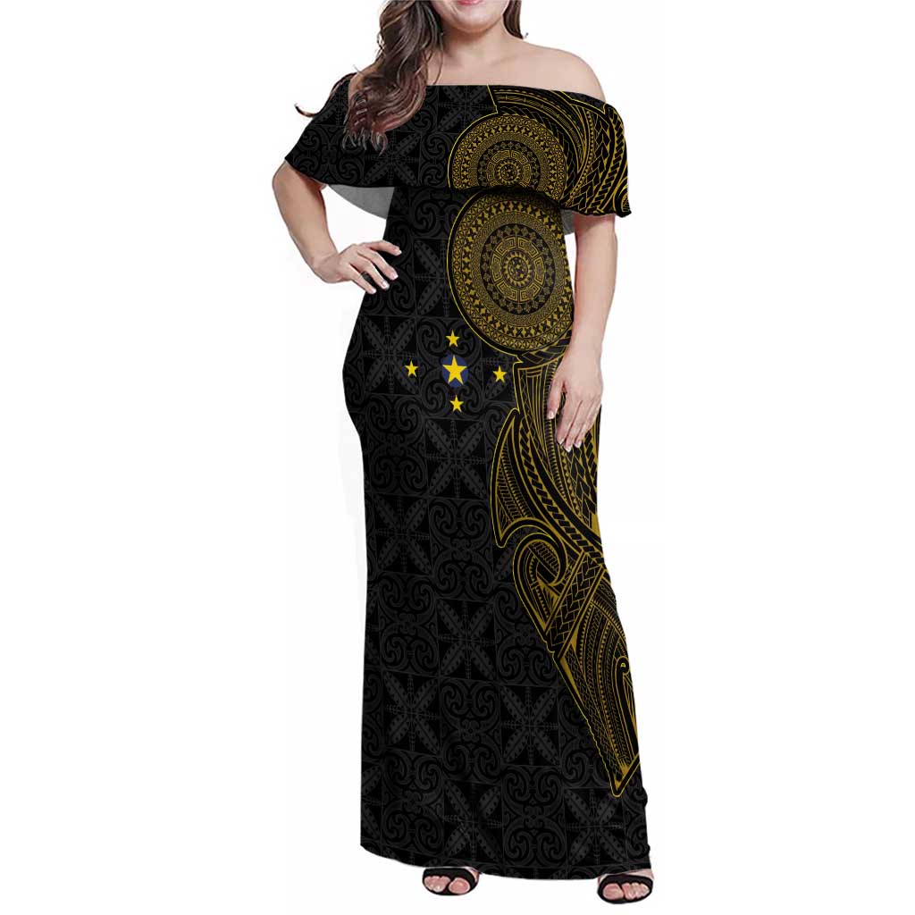 Niue Polynesian Hiapo Tattoo Art Family Matching Off Shoulder Maxi Dress and Hawaiian Shirt Half Style Black Gold Color LT03 Mom's Dress Black - Polynesian Pride