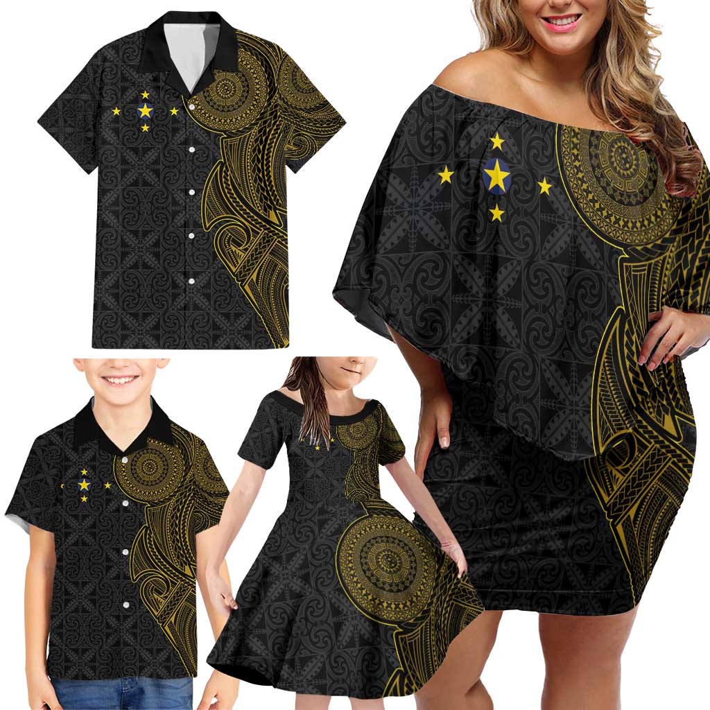 Niue Polynesian Hiapo Tattoo Art Family Matching Off Shoulder Short Dress and Hawaiian Shirt Half Style Black Gold Color - Polynesian Pride