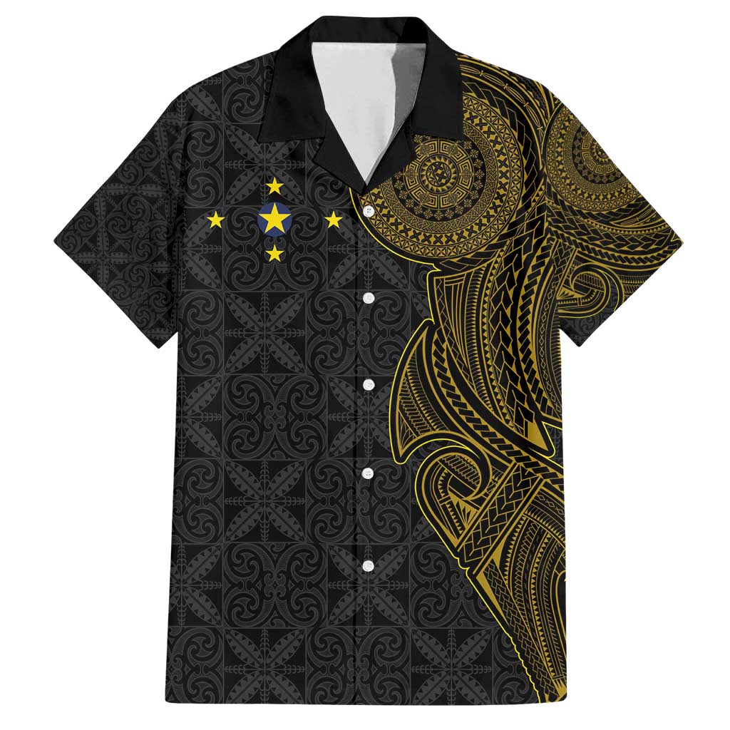 Niue Polynesian Hiapo Tattoo Art Family Matching Off Shoulder Short Dress and Hawaiian Shirt Half Style Black Gold Color LT03 Dad's Shirt - Short Sleeve Black - Polynesian Pride