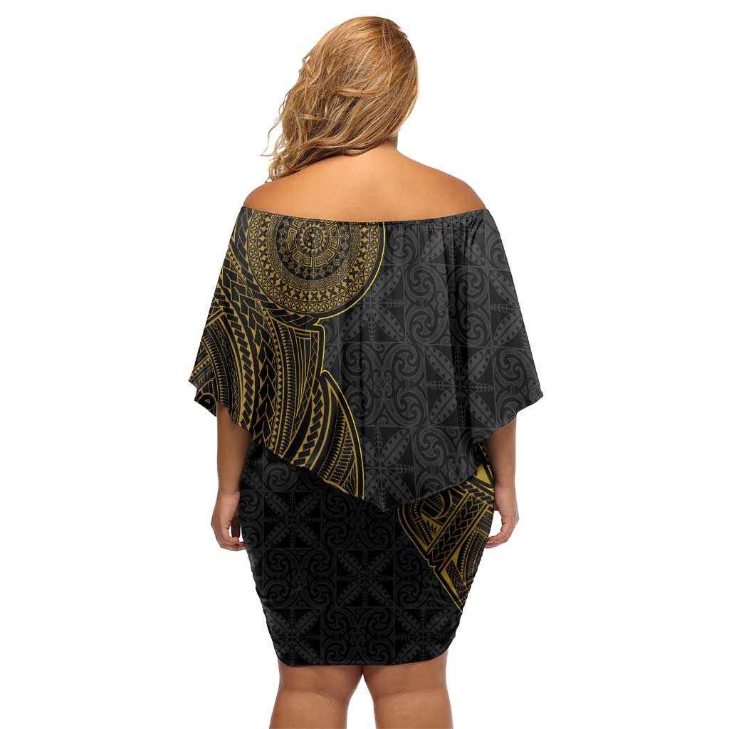 Niue Polynesian Hiapo Tattoo Art Family Matching Off Shoulder Short Dress and Hawaiian Shirt Half Style Black Gold Color LT03 - Polynesian Pride