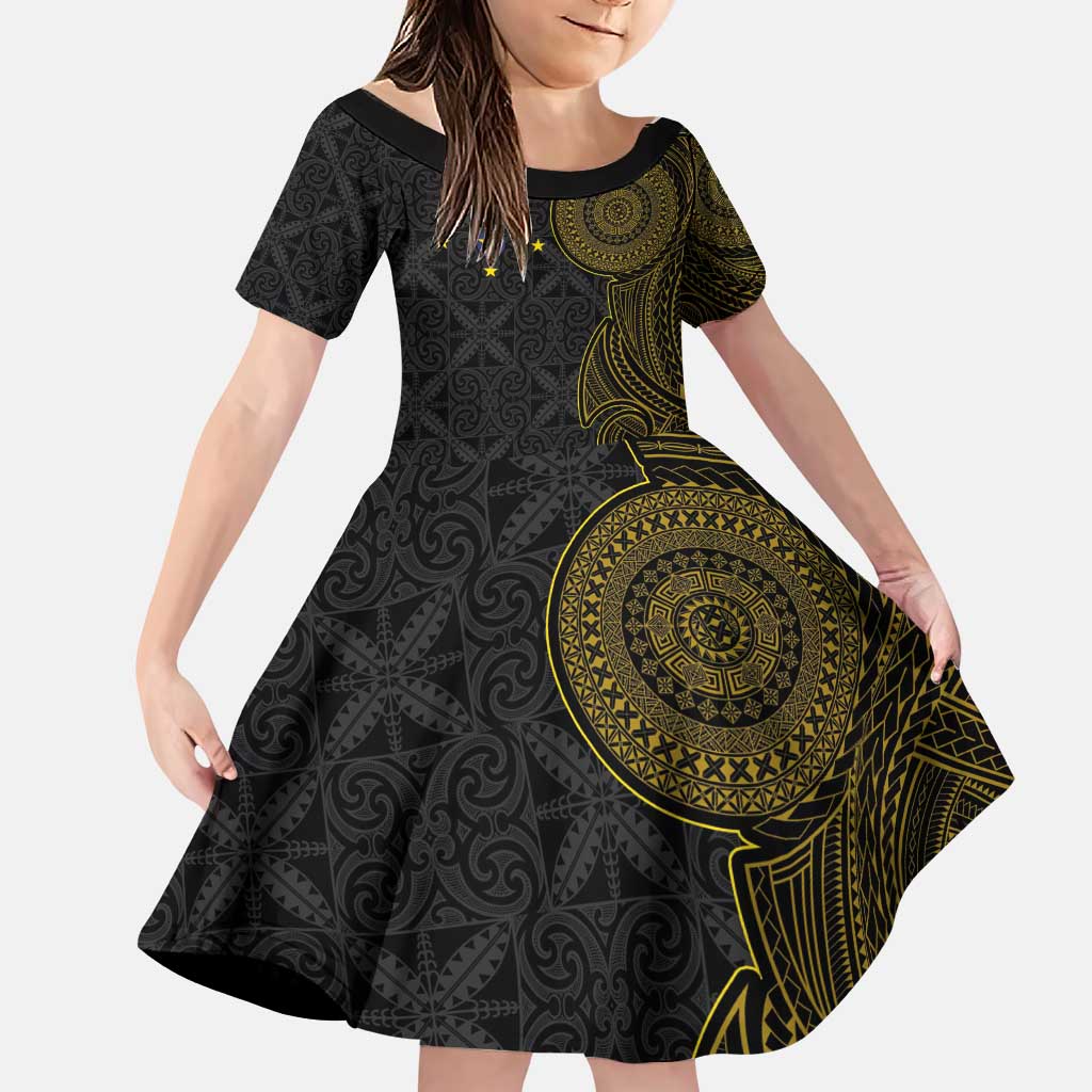 Niue Polynesian Hiapo Tattoo Art Family Matching Puletasi and Hawaiian Shirt Half Style Black Gold Color LT03 Daughter's Dress Black - Polynesian Pride
