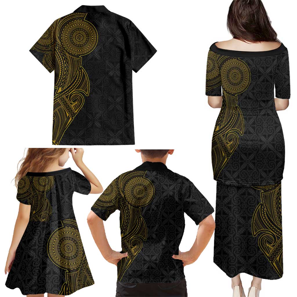 Niue Polynesian Hiapo Tattoo Art Family Matching Puletasi and Hawaiian Shirt Half Style Black Gold Color LT03 - Polynesian Pride