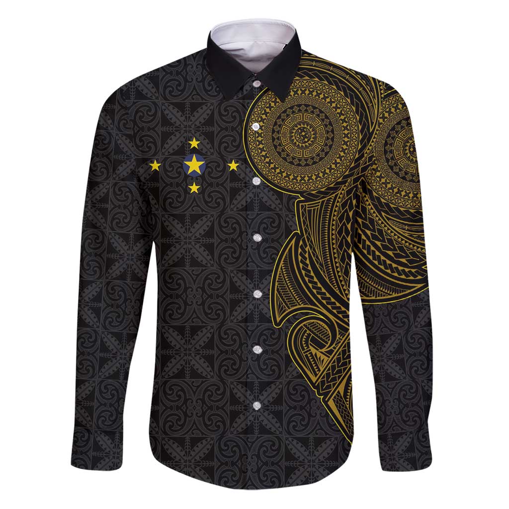 Niue Polynesian Hiapo Tattoo Art Family Matching Puletasi and Hawaiian Shirt Half Style Black Gold Color LT03 Dad's Shirt - Long Sleeve Black - Polynesian Pride