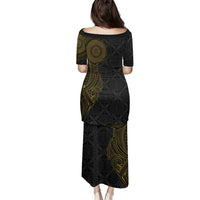 Niue Polynesian Hiapo Tattoo Art Family Matching Puletasi and Hawaiian Shirt Half Style Black Gold Color LT03 - Polynesian Pride