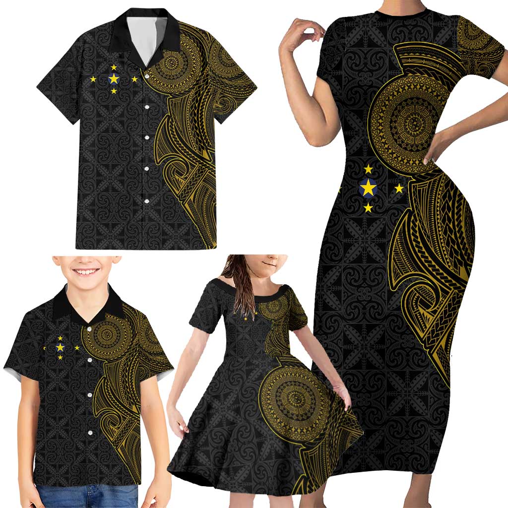 Niue Polynesian Hiapo Tattoo Art Family Matching Short Sleeve Bodycon Dress and Hawaiian Shirt Half Style Black Gold Color LT03 - Polynesian Pride