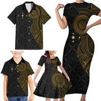 Niue Polynesian Hiapo Tattoo Art Family Matching Short Sleeve Bodycon Dress and Hawaiian Shirt Half Style Black Gold Color LT03 - Polynesian Pride