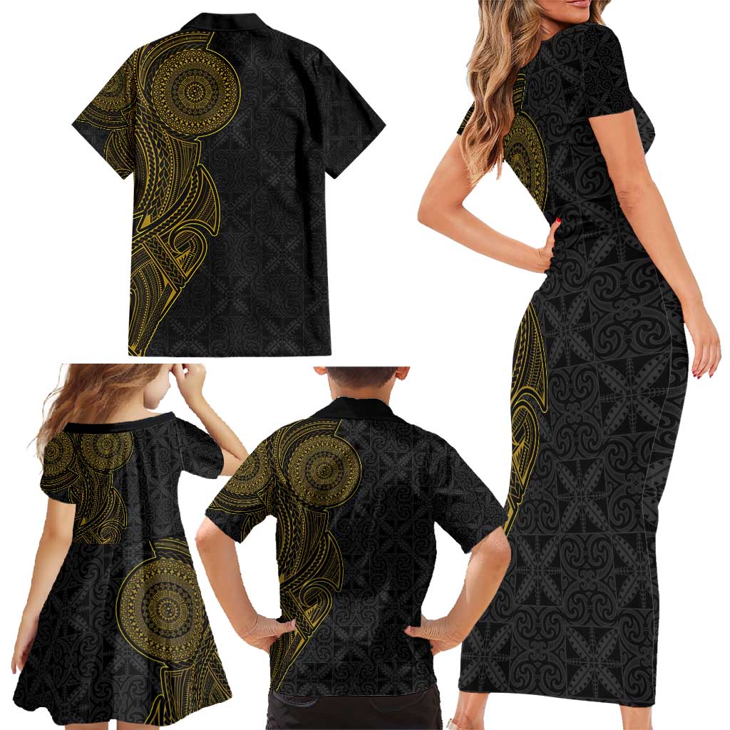 Niue Polynesian Hiapo Tattoo Art Family Matching Short Sleeve Bodycon Dress and Hawaiian Shirt Half Style Black Gold Color LT03 - Polynesian Pride