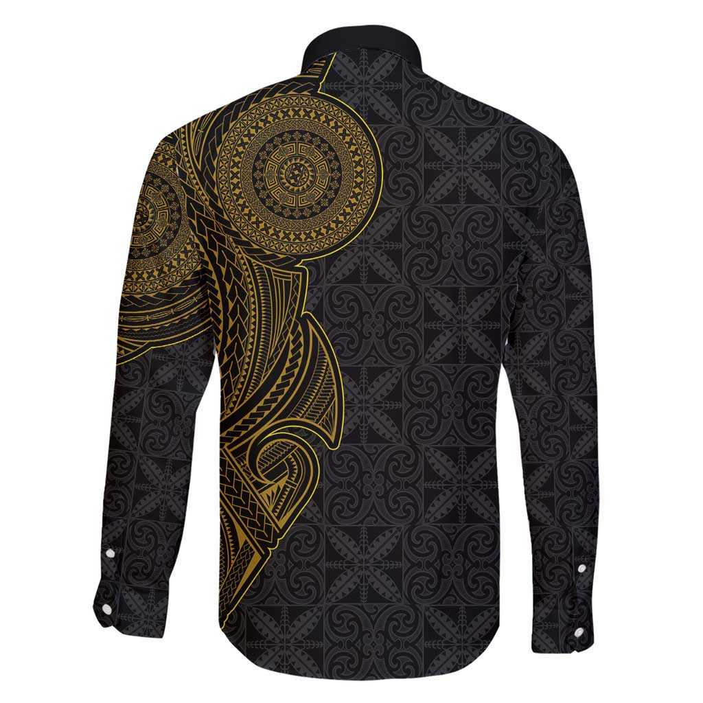 Niue Polynesian Hiapo Tattoo Art Family Matching Short Sleeve Bodycon Dress and Hawaiian Shirt Half Style Black Gold Color LT03 - Polynesian Pride