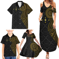 Niue Polynesian Hiapo Tattoo Art Family Matching Summer Maxi Dress and Hawaiian Shirt Half Style Black Gold Color LT03 - Polynesian Pride