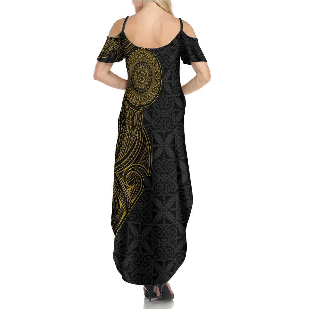 Niue Polynesian Hiapo Tattoo Art Family Matching Summer Maxi Dress and Hawaiian Shirt Half Style Black Gold Color LT03 - Polynesian Pride