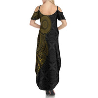 Niue Polynesian Hiapo Tattoo Art Family Matching Summer Maxi Dress and Hawaiian Shirt Half Style Black Gold Color LT03 - Polynesian Pride