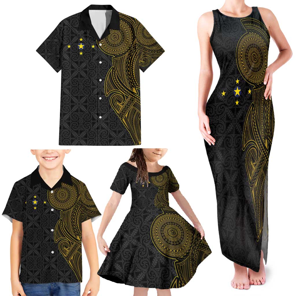 Niue Polynesian Hiapo Tattoo Art Family Matching Tank Maxi Dress and Hawaiian Shirt Half Style Black Gold Color LT03 - Polynesian Pride