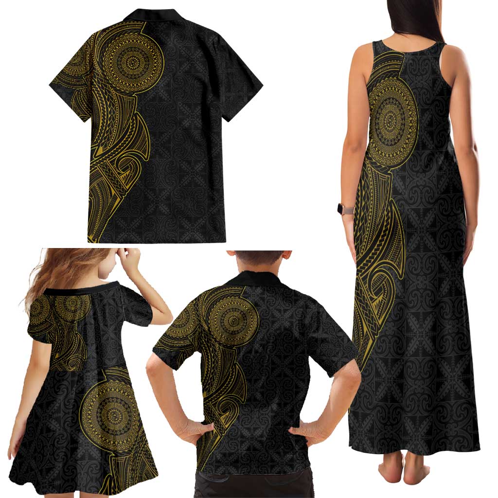 Niue Polynesian Hiapo Tattoo Art Family Matching Tank Maxi Dress and Hawaiian Shirt Half Style Black Gold Color LT03 - Polynesian Pride