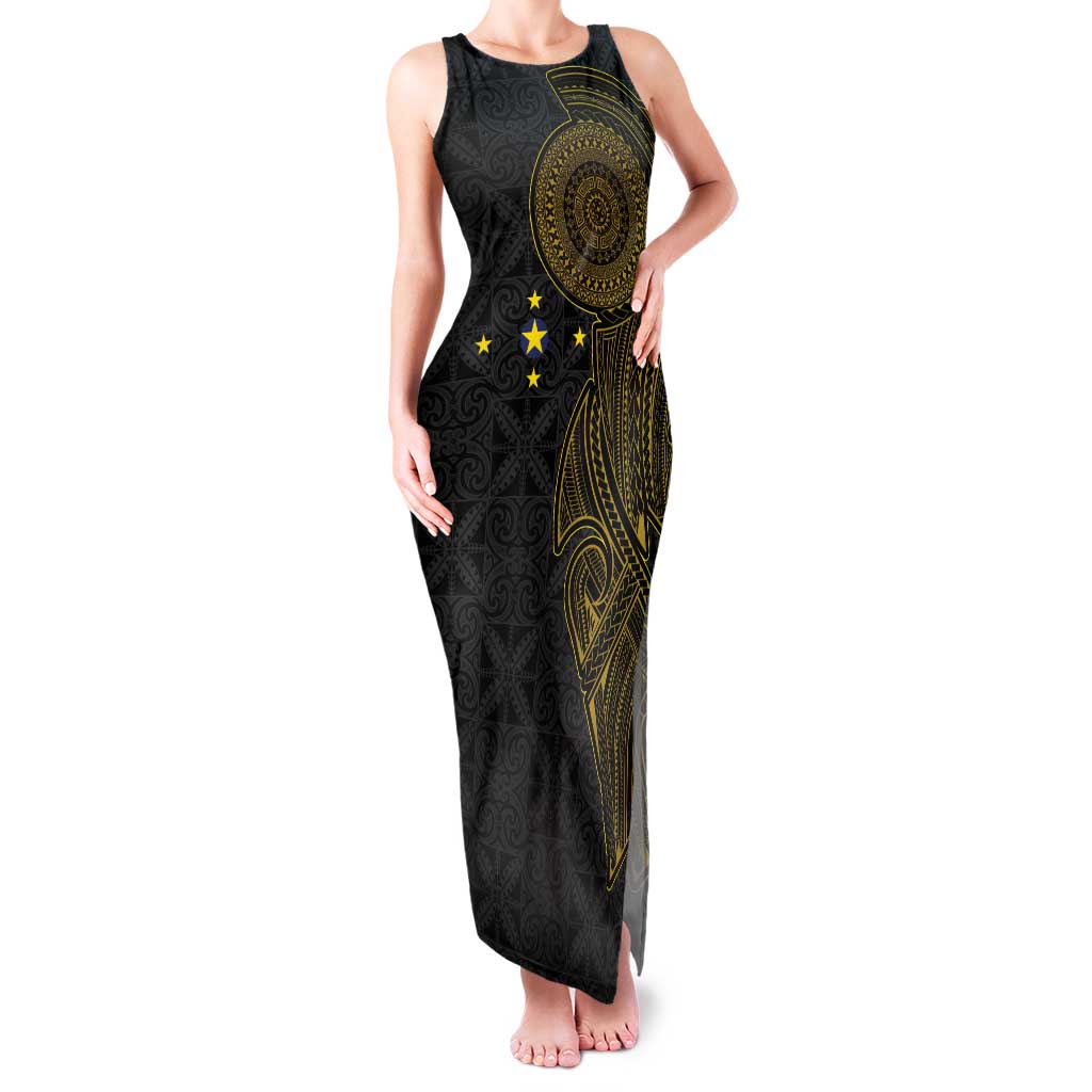 Niue Polynesian Hiapo Tattoo Art Family Matching Tank Maxi Dress and Hawaiian Shirt Half Style Black Gold Color LT03 Mom's Dress Black - Polynesian Pride