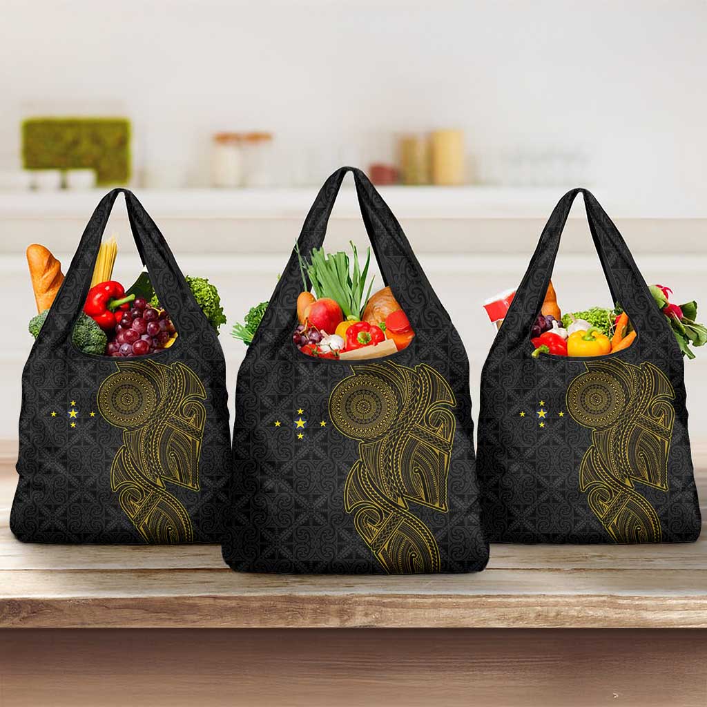 Niue Polynesian Hiapo Tattoo Art Grocery Bag Half Style Black Gold Color - Polynesian Pride