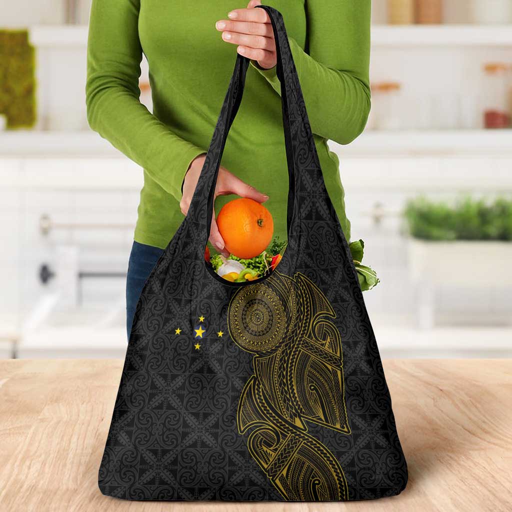 Niue Polynesian Hiapo Tattoo Art Grocery Bag Half Style Black Gold Color - Polynesian Pride