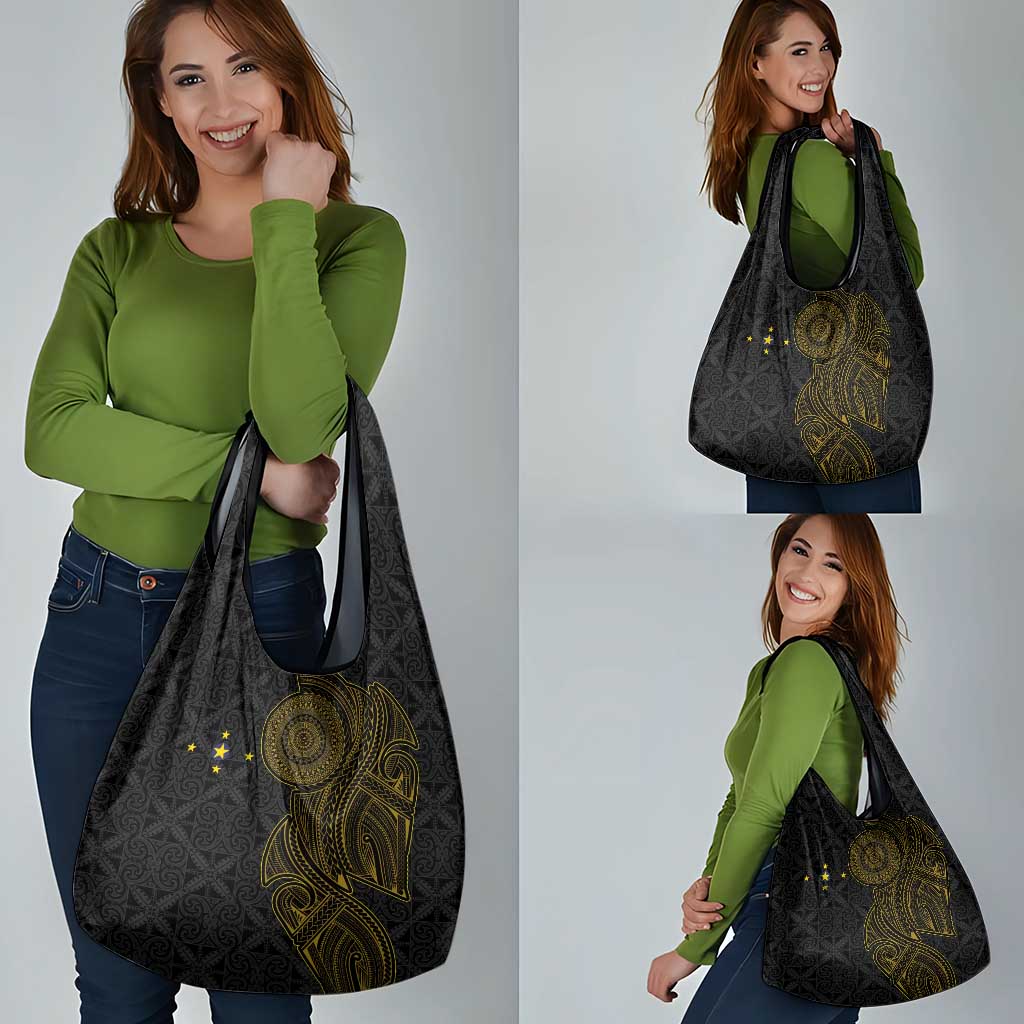 Niue Polynesian Hiapo Tattoo Art Grocery Bag Half Style Black Gold Color - Polynesian Pride