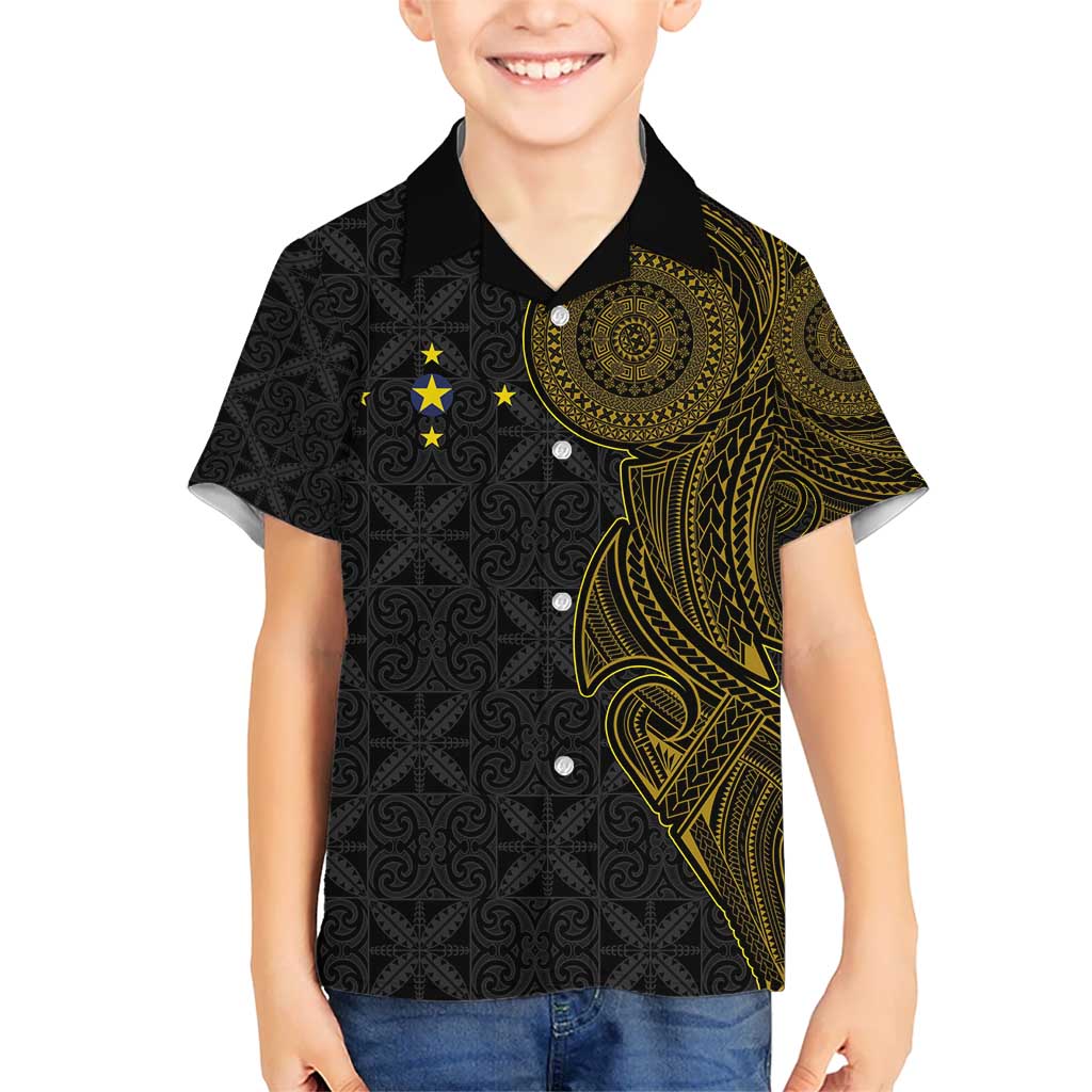Niue Polynesian Hiapo Tattoo Art Hawaiian Shirt Half Style Black Gold Color - Polynesian Pride