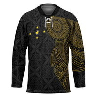 Niue Polynesian Hiapo Tattoo Art Hockey Jersey Half Style Black Gold Color - Polynesian Pride