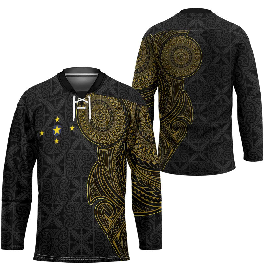 Niue Polynesian Hiapo Tattoo Art Hockey Jersey Half Style Black Gold Color - Polynesian Pride