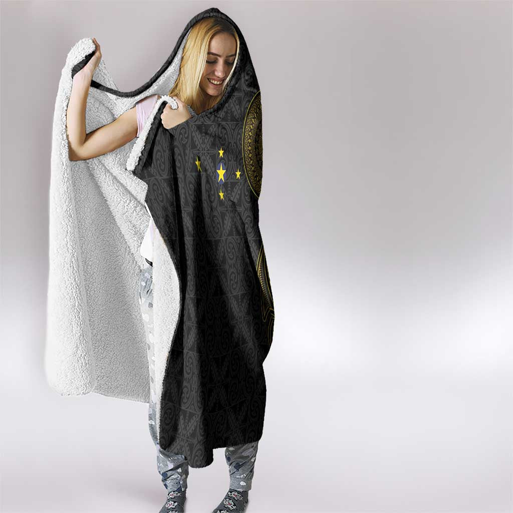 Niue Polynesian Hiapo Tattoo Art Hooded Blanket Half Style Black Gold Color - Polynesian Pride