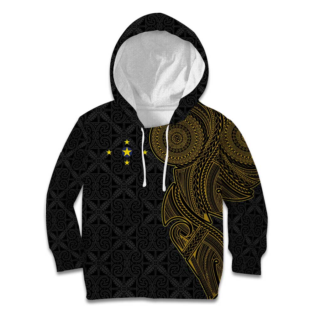 Niue Polynesian Hiapo Tattoo Art Kid Hoodie Half Style Black Gold Color - Polynesian Pride