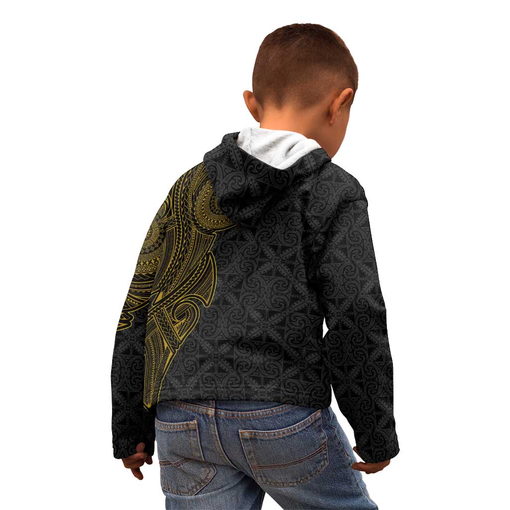 Niue Polynesian Hiapo Tattoo Art Kid Hoodie Half Style Black Gold Color - Polynesian Pride