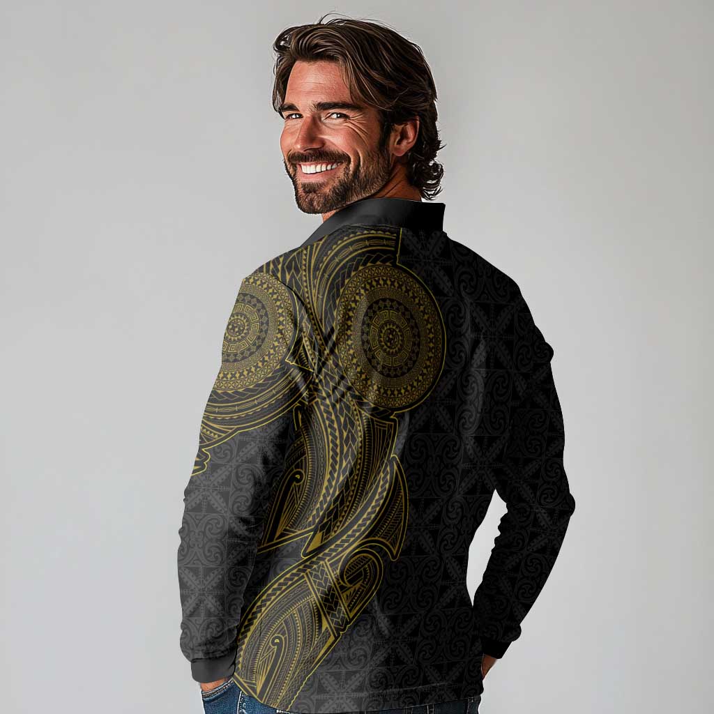 Niue Polynesian Hiapo Tattoo Art Long Sleeve Polo Shirt Half Style Black Gold Color - Polynesian Pride