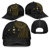 Niue Polynesian Hiapo Tattoo Art Mesh Trucker Cap Half Style Black Gold Color - Polynesian Pride