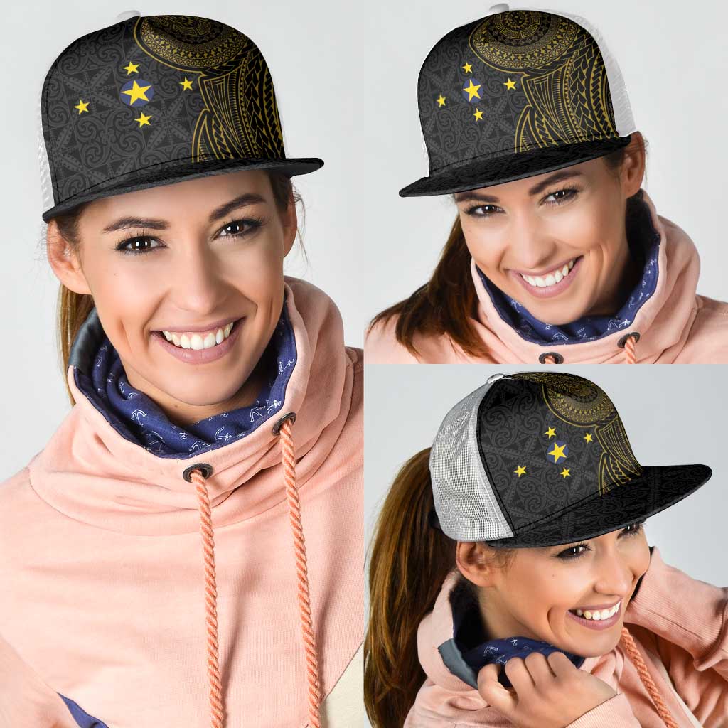 Niue Polynesian Hiapo Tattoo Art Mesh Trucker Cap Half Style Black Gold Color - Polynesian Pride