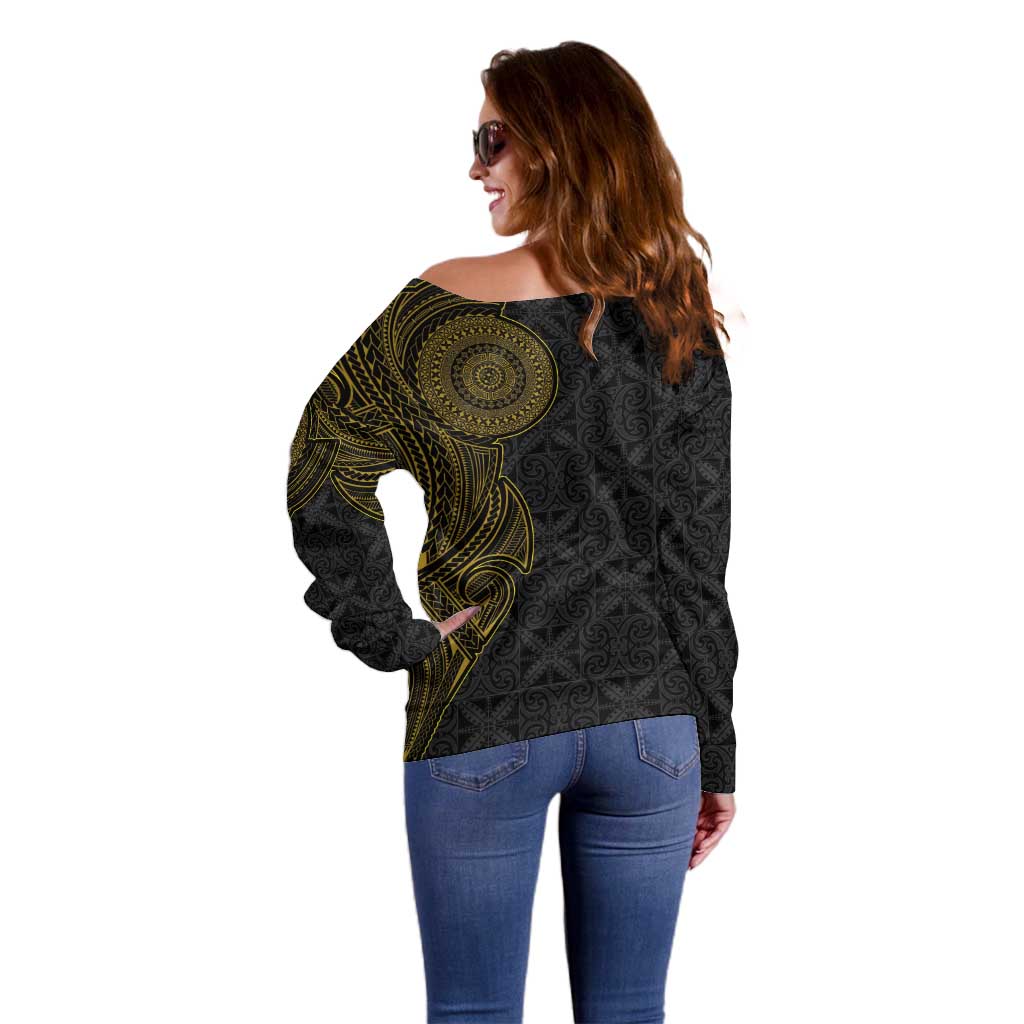 Niue Polynesian Hiapo Tattoo Art Off Shoulder Sweater Half Style Black Gold Color - Polynesian Pride