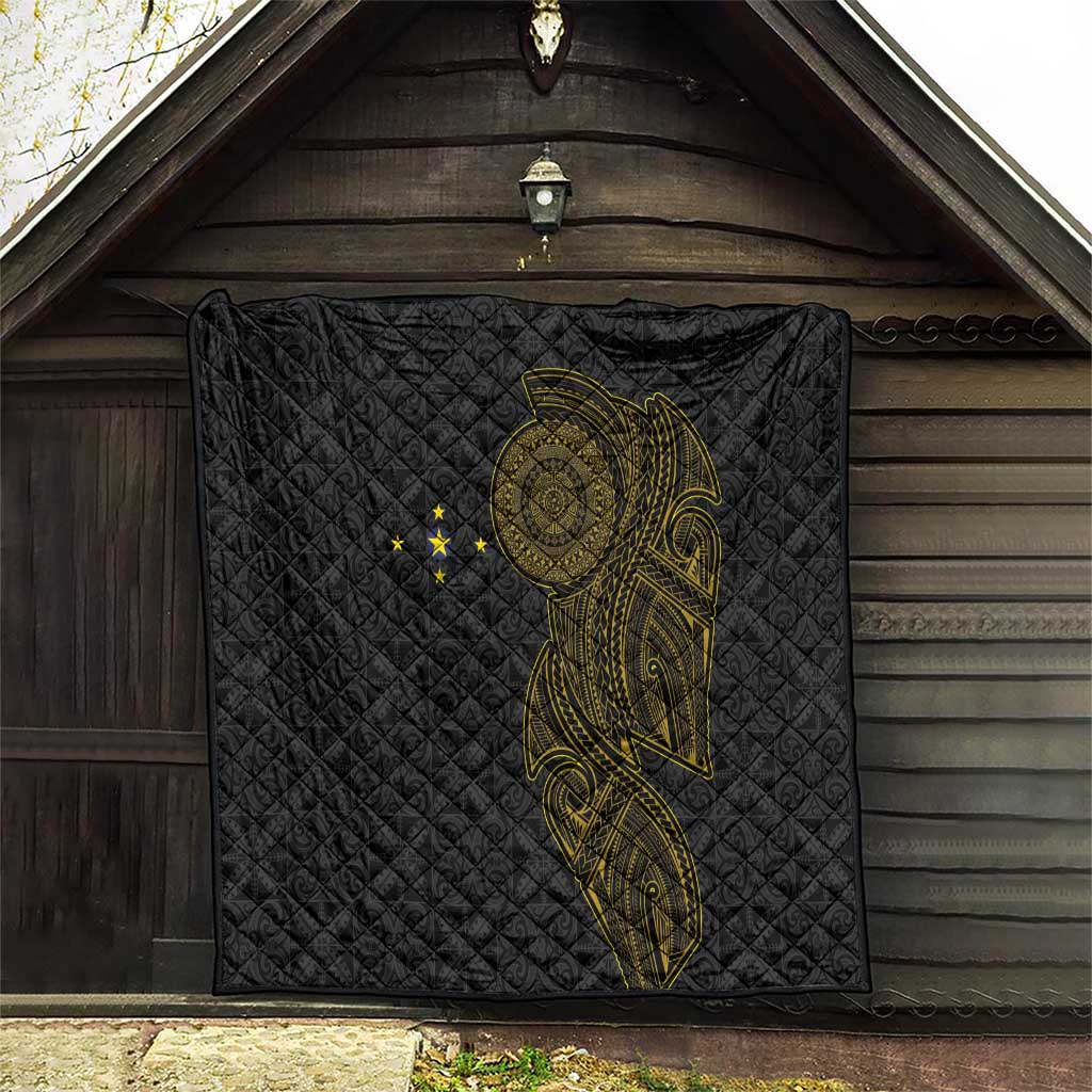 Niue Polynesian Hiapo Tattoo Art Quilt Half Style Black Gold Color - Polynesian Pride