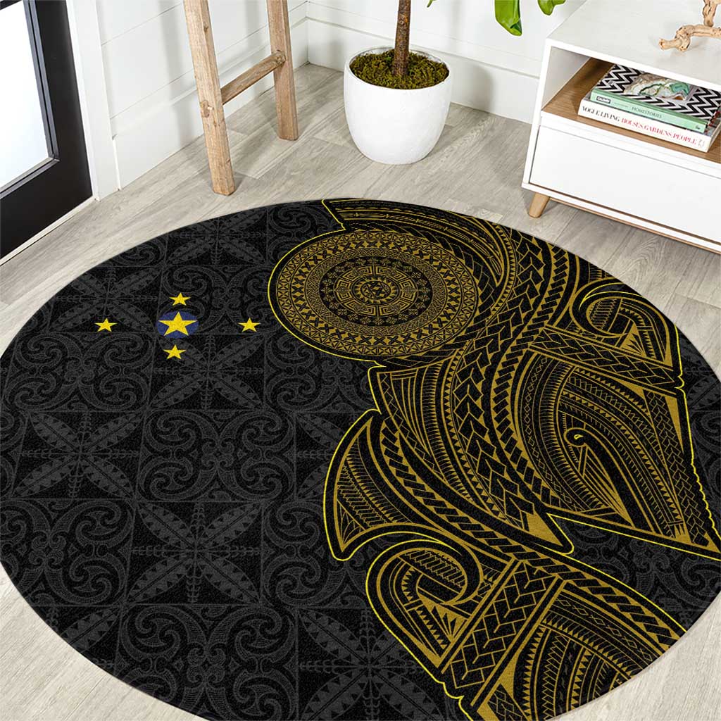 Niue Polynesian Hiapo Tattoo Art Round Carpet Half Style Black Gold Color - Polynesian Pride