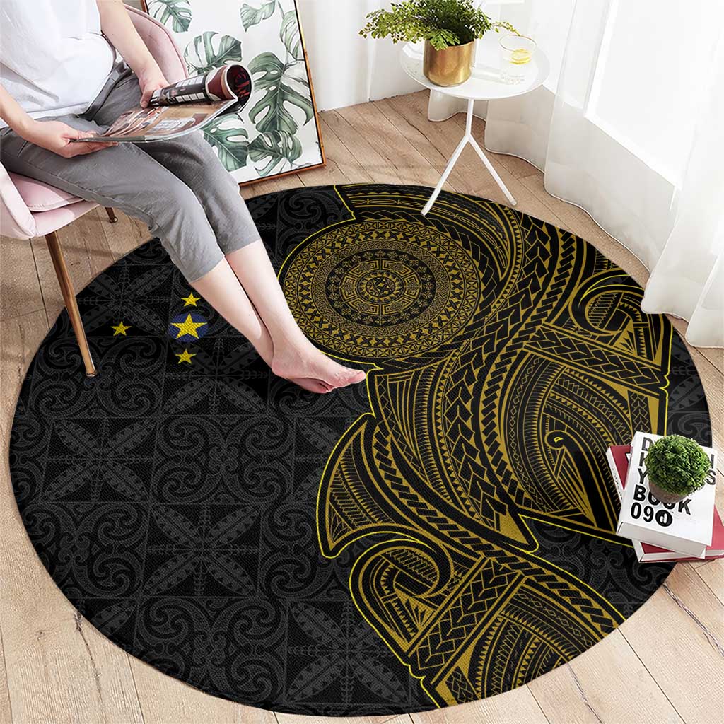 Niue Polynesian Hiapo Tattoo Art Round Carpet Half Style Black Gold Color - Polynesian Pride