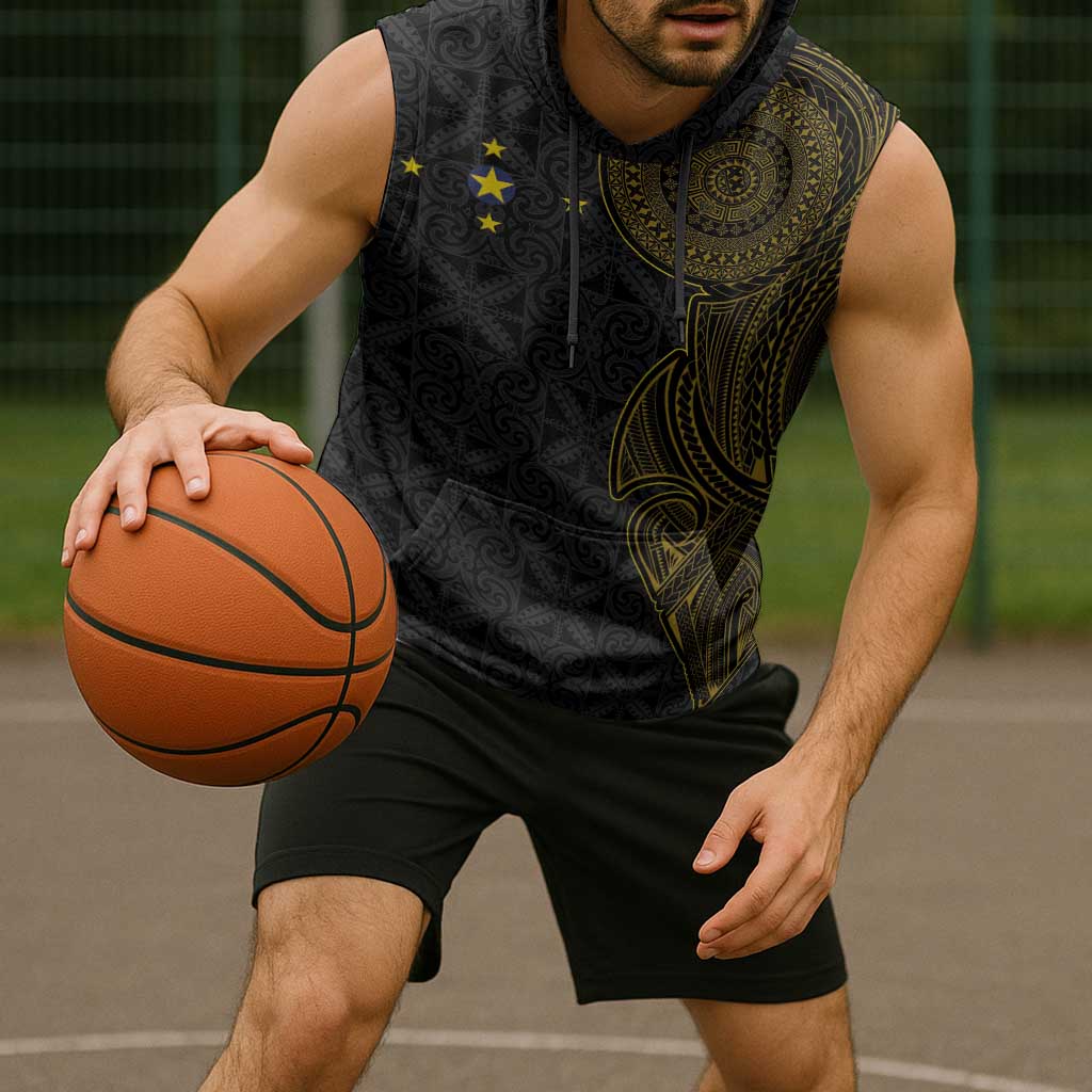 Niue Polynesian Hiapo Tattoo Art Sleeveless Hoodie Half Style Black Gold Color - Polynesian Pride