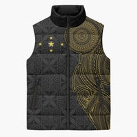 Niue Polynesian Hiapo Tattoo Art Sleeveless Puffer Jacket Half Style Black Gold Color LT03 Unisex Black - Polynesian Pride