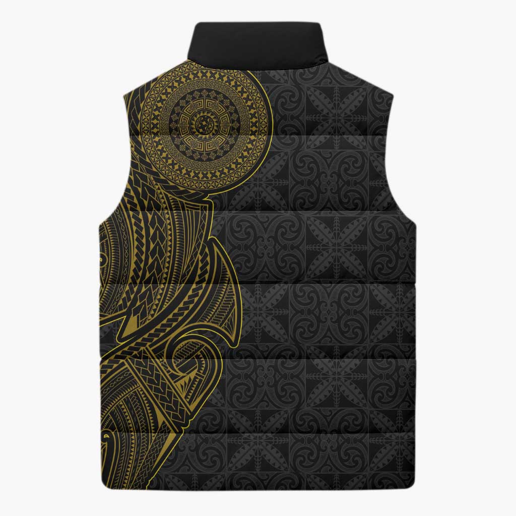 Niue Polynesian Hiapo Tattoo Art Sleeveless Puffer Jacket Half Style Black Gold Color LT03 - Polynesian Pride