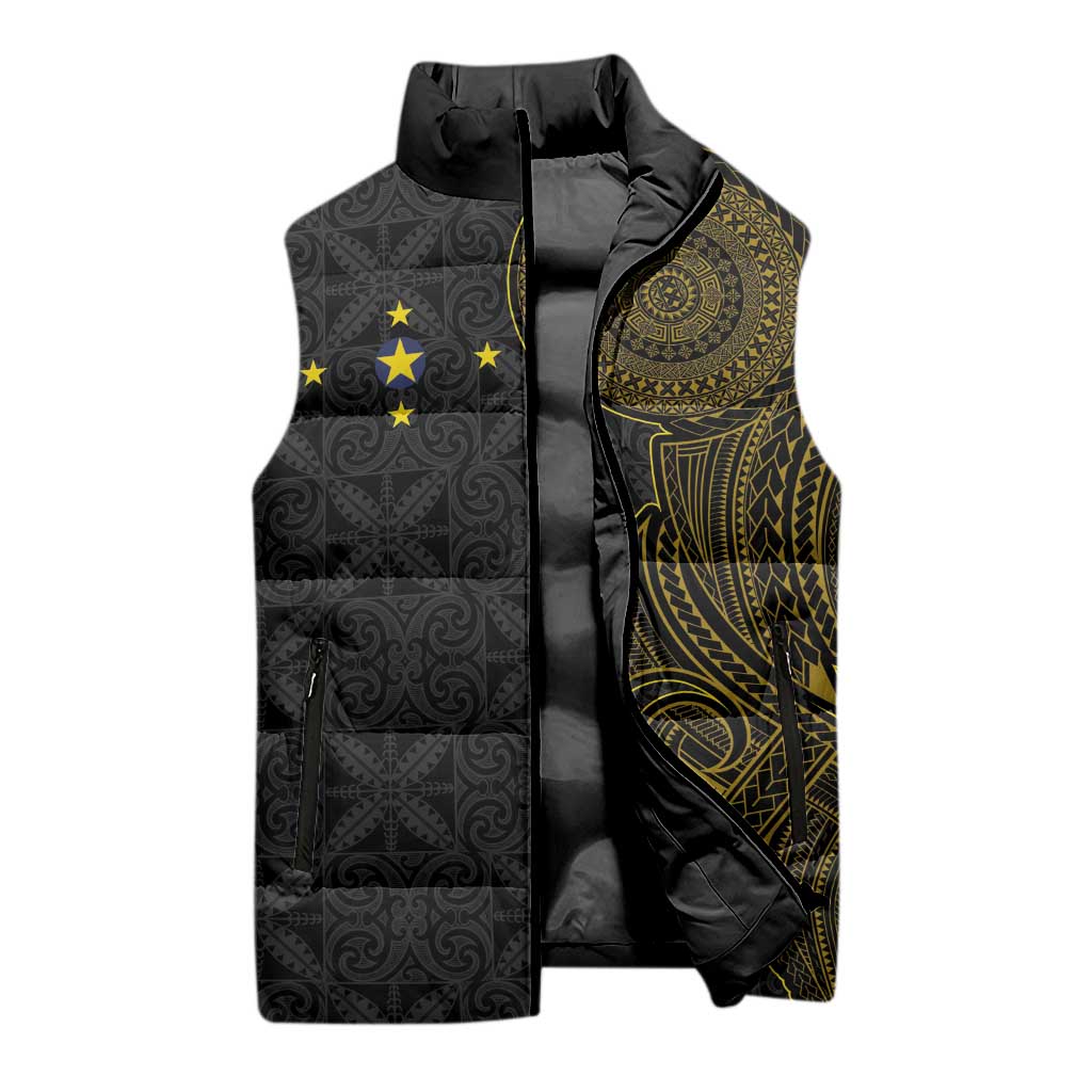 Niue Polynesian Hiapo Tattoo Art Sleeveless Puffer Jacket Half Style Black Gold Color LT03 - Polynesian Pride
