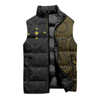 Niue Polynesian Hiapo Tattoo Art Sleeveless Puffer Jacket Half Style Black Gold Color LT03 - Polynesian Pride