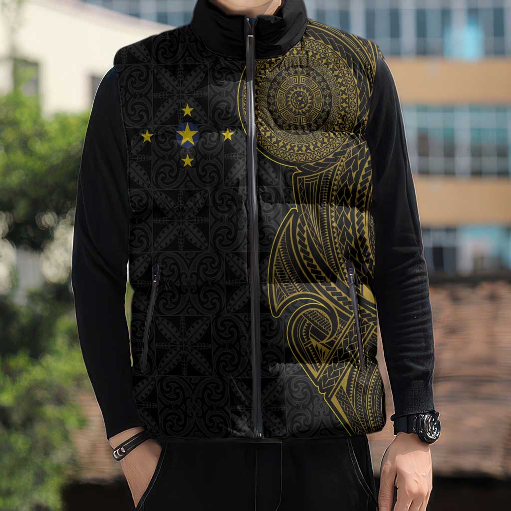 Niue Polynesian Hiapo Tattoo Art Sleeveless Puffer Jacket Half Style Black Gold Color LT03 - Polynesian Pride