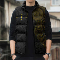 Niue Polynesian Hiapo Tattoo Art Sleeveless Puffer Jacket Half Style Black Gold Color LT03 - Polynesian Pride