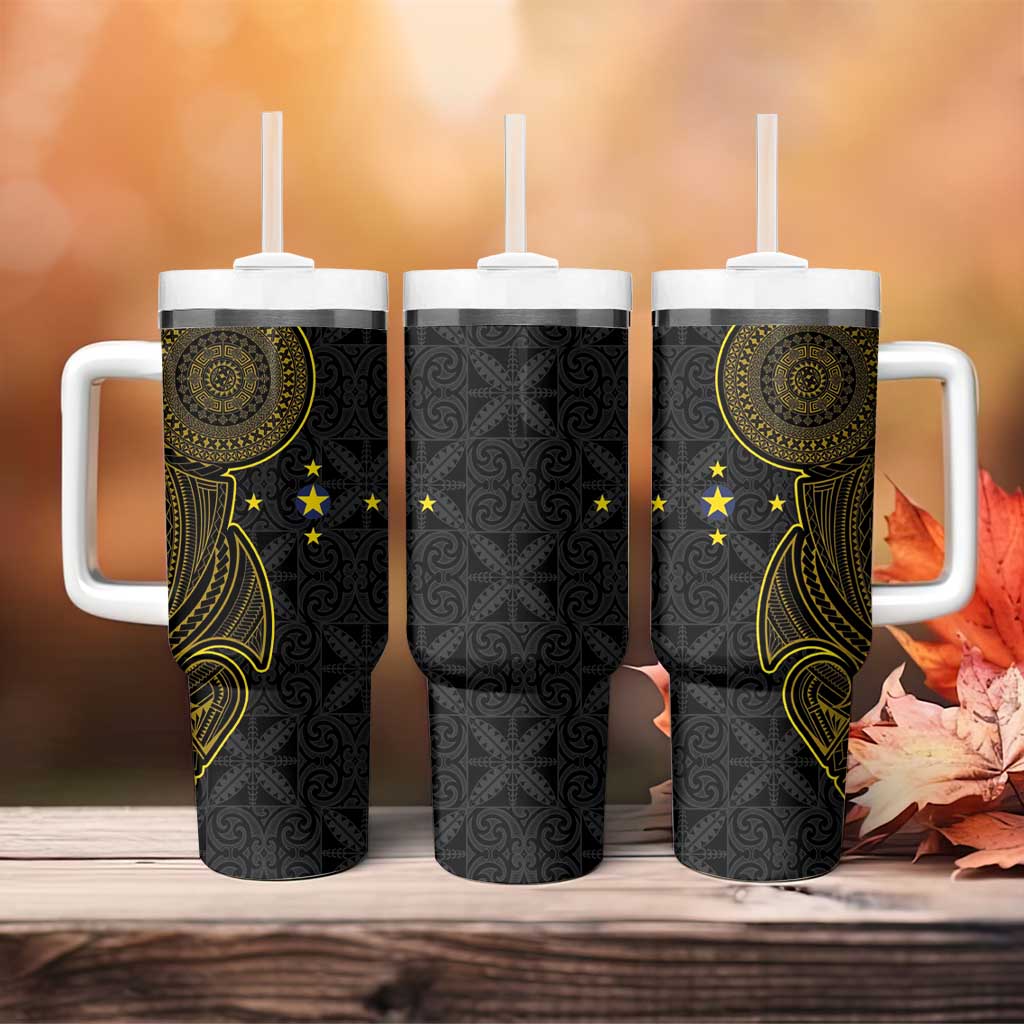 Niue Polynesian Hiapo Tattoo Art Tumbler With Handle Half Style Black Gold Color - Polynesian Pride