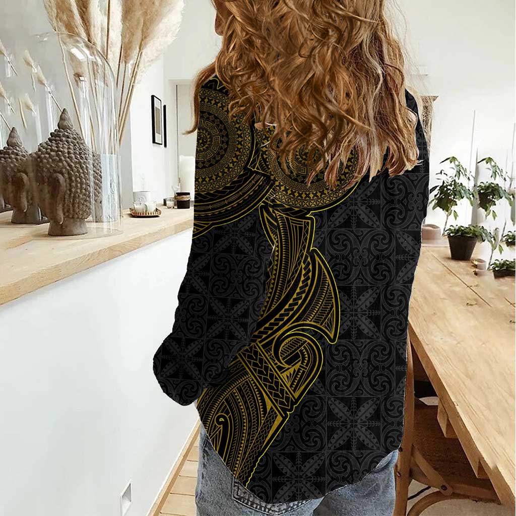 Niue Polynesian Hiapo Tattoo Art Women Casual Shirt Half Style Black Gold Color - Polynesian Pride